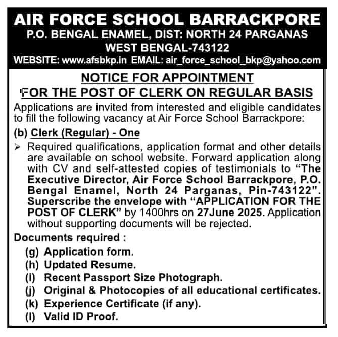 Air Force School Barrackpore Clerk Vacancy 2025 Apply Now