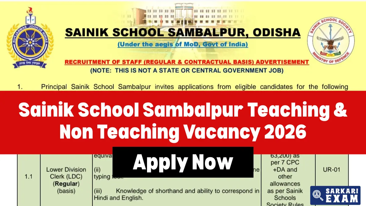 Sainik School Sambalpur Recruitment 2026 notification