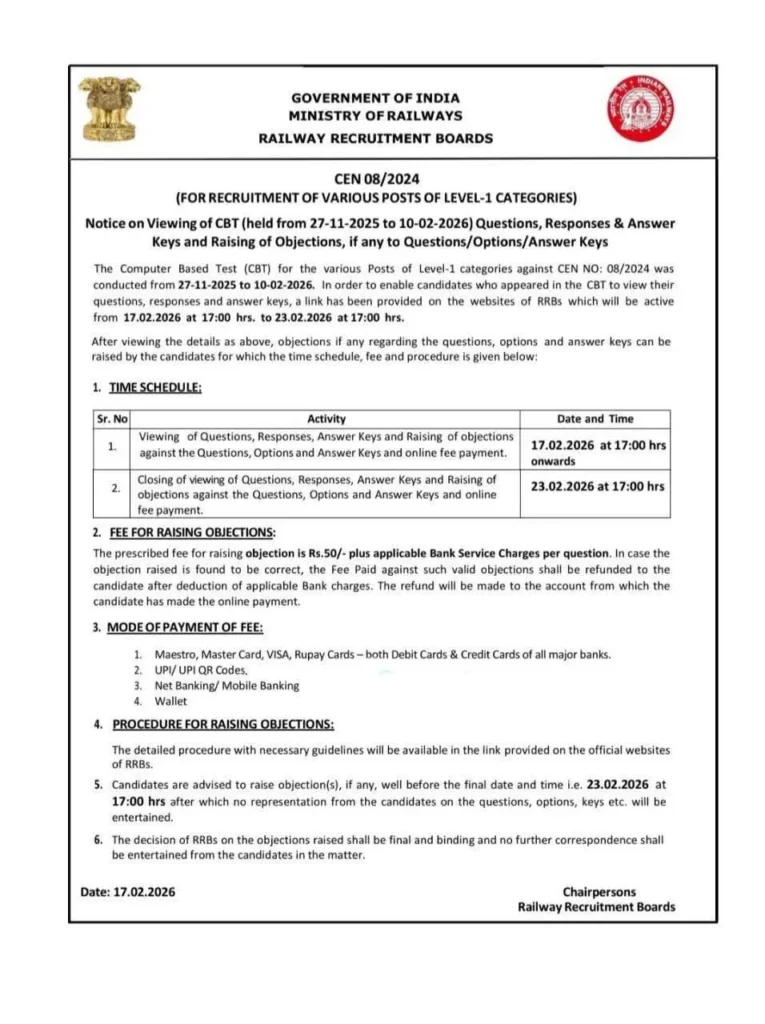 RRB Railway Group D Answer Key Notice 2026