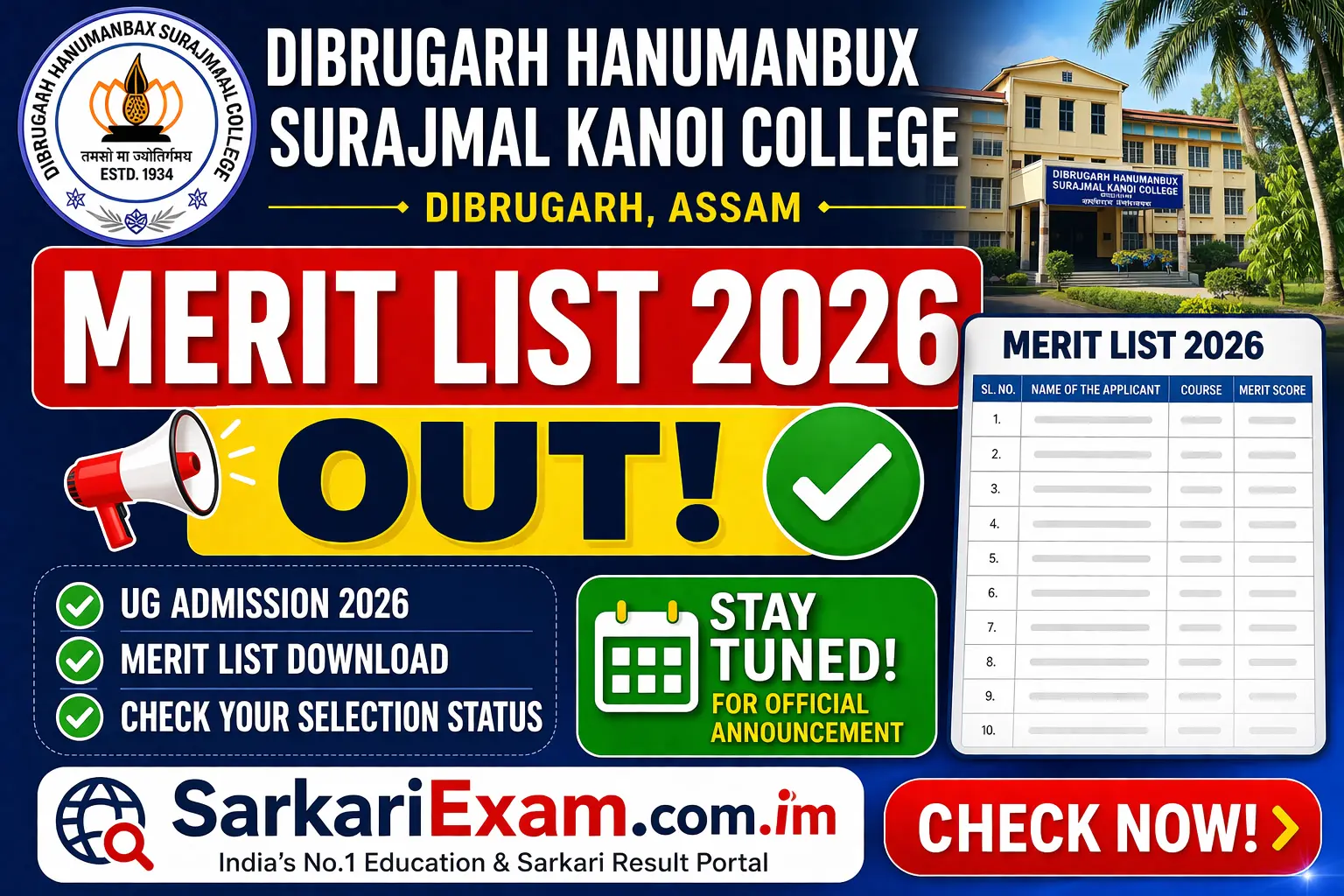 Dibrugarh Hanumanbux Surajmal Kanoi College Merit List 2026