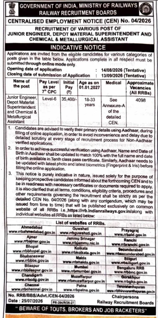 RRB Junior Engineer JE Short Notification 2026 OUT